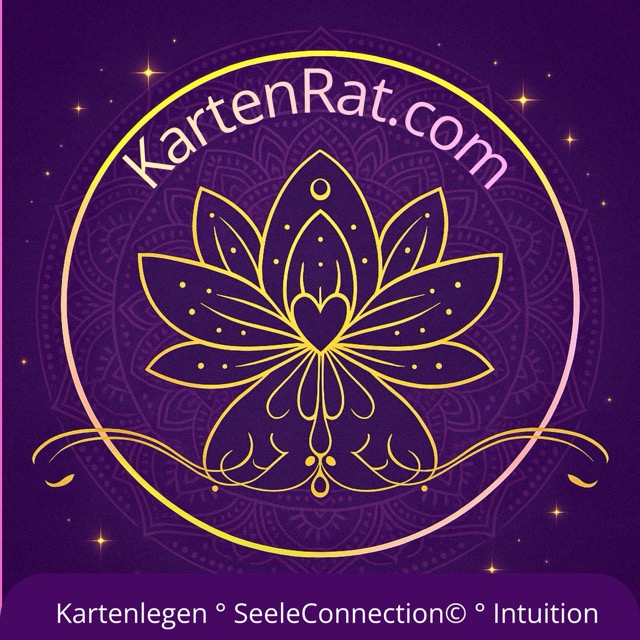 Lila Mandala mit goldener Lotusblüte, Kerzenfunken und Schriftzug „KartenRat.com“ im Kreis.