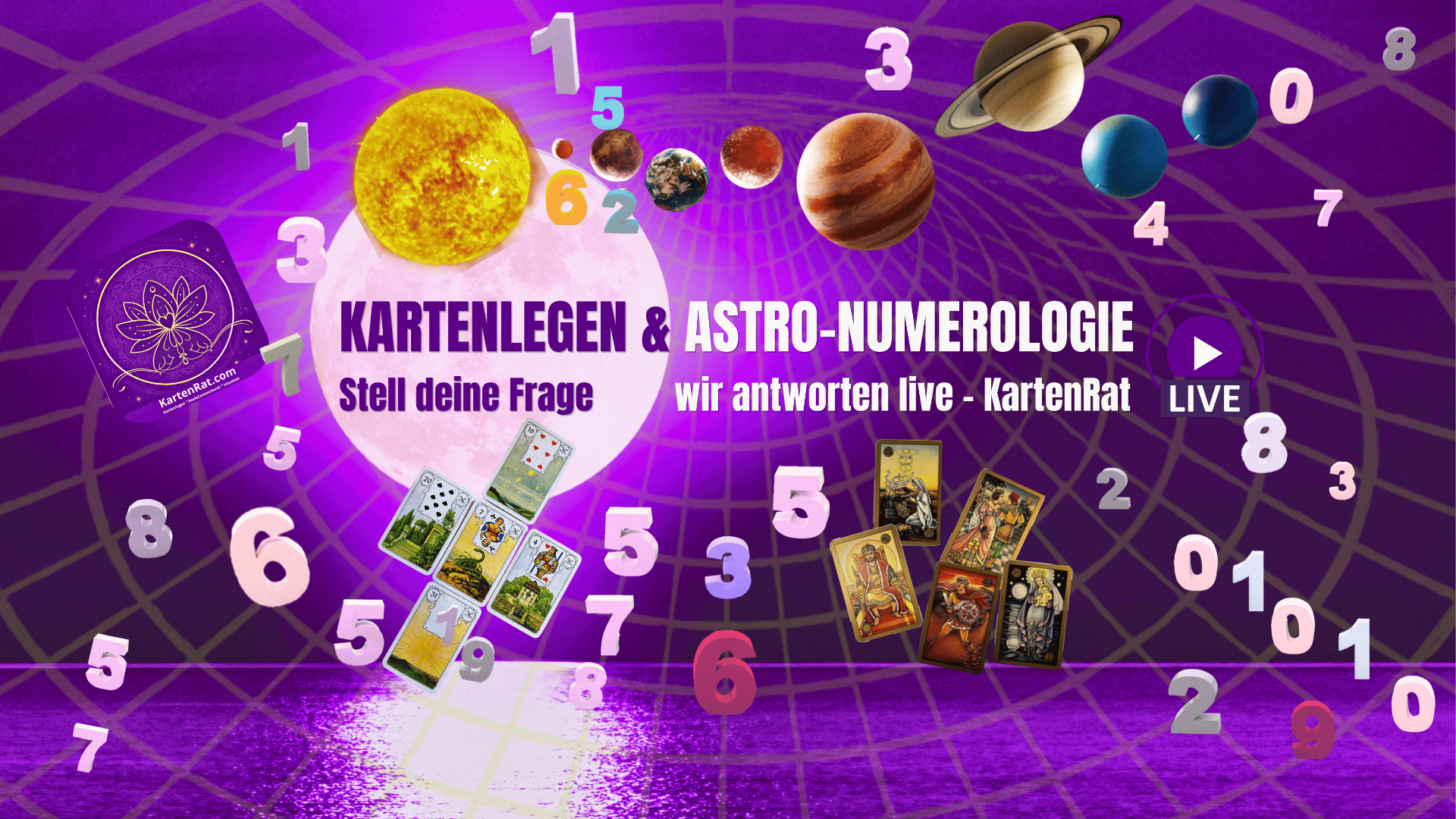 Youtube Banner Kartenrat.com livestream Astronumero Kartenlegen Mond Sonne Planeten Sterne Astro Symbolon lenormand